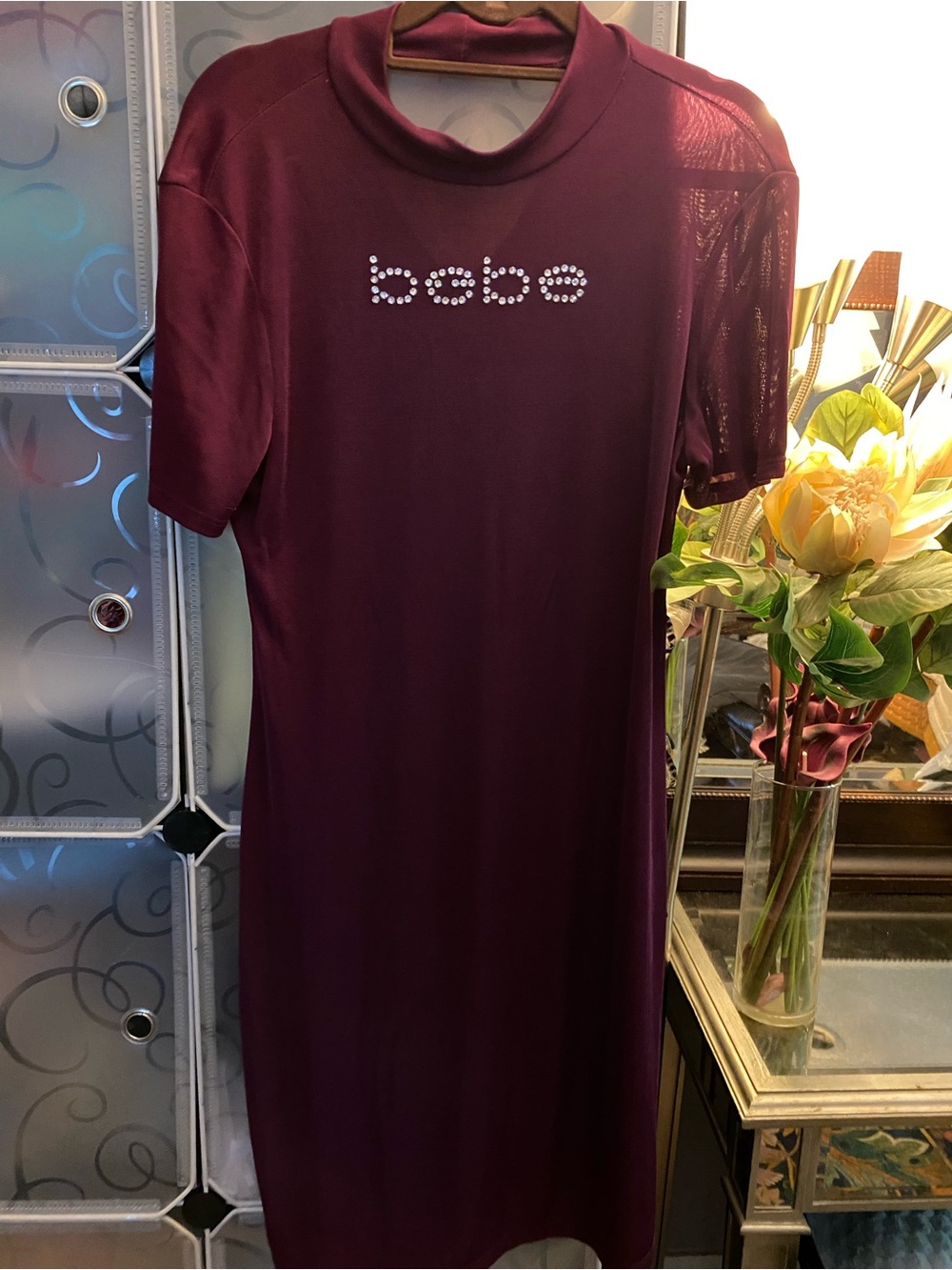 bebe Plum Rhinestone Logo Midi Dress